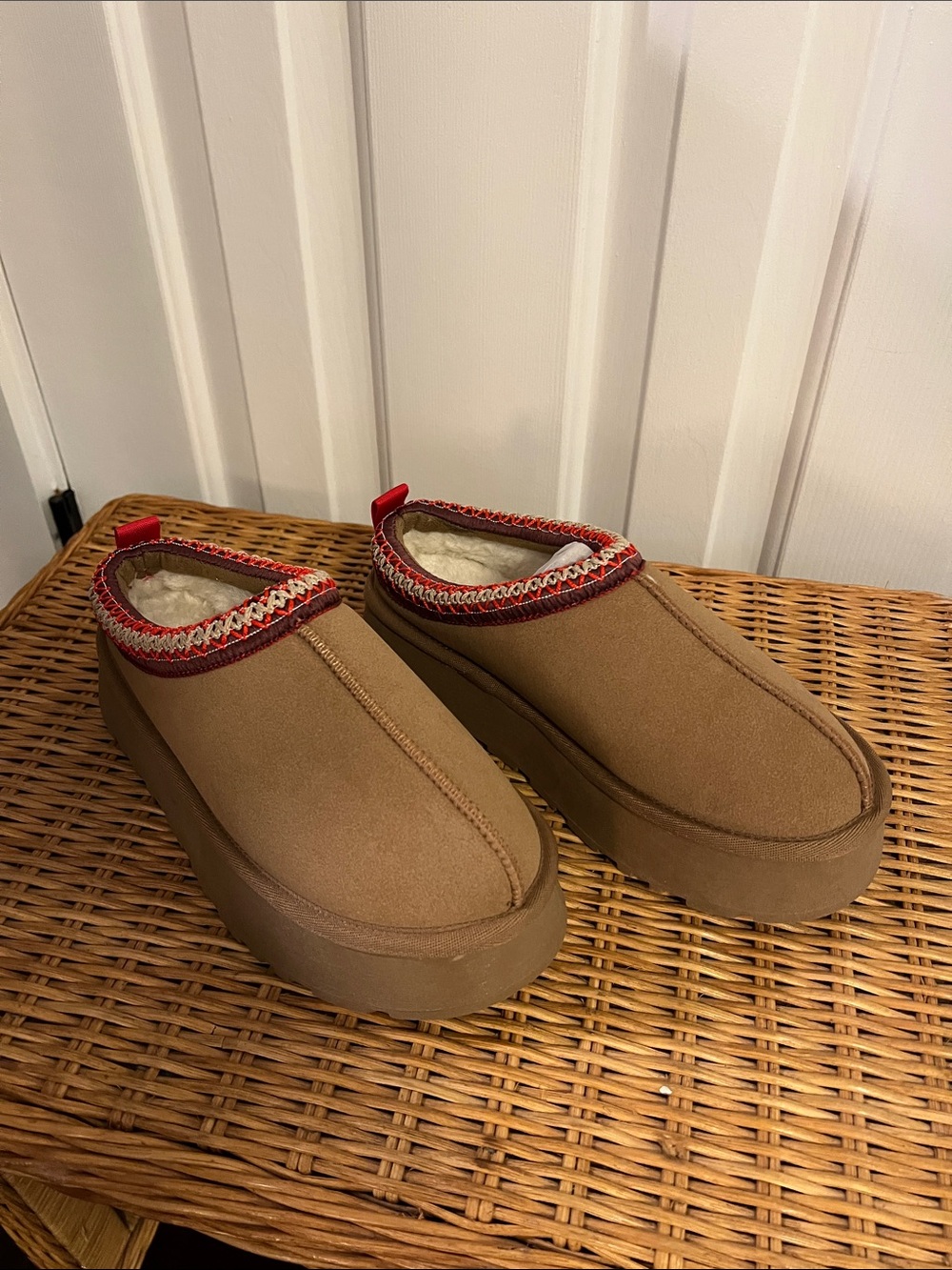 Slip-On Suede Mule Clog in Chestnut with Red Trim